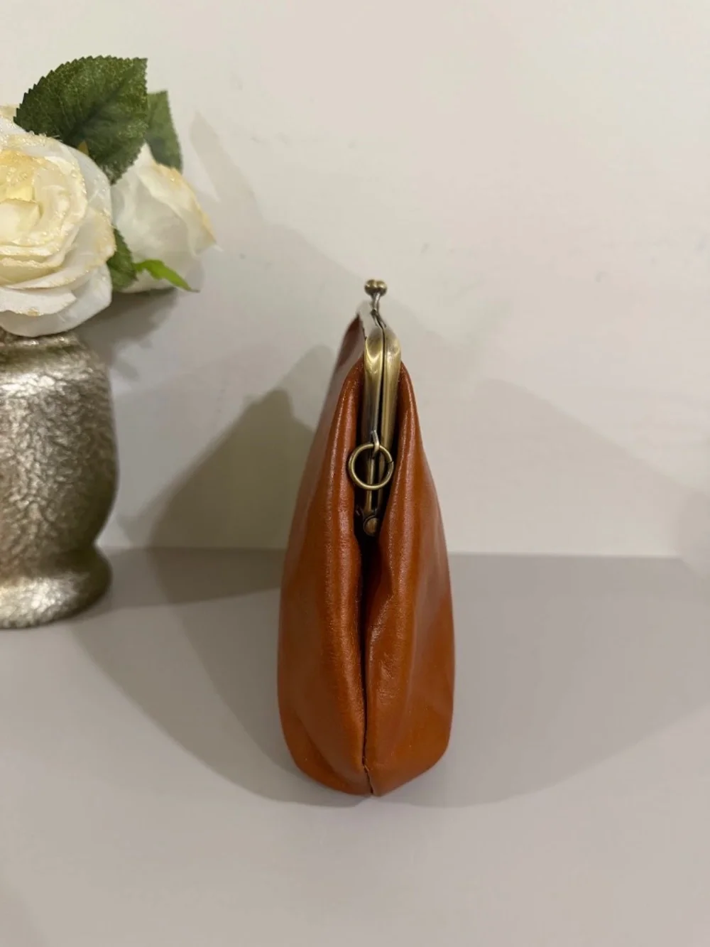 Patricia Nash Savena Framed Kisslock Clutch Wristlet Brown Leather Handbag
